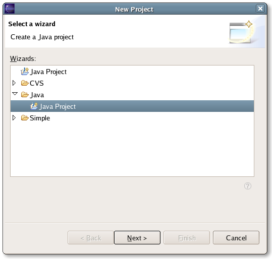 New Project wizard: Select Wizard: Java: Java 
Project