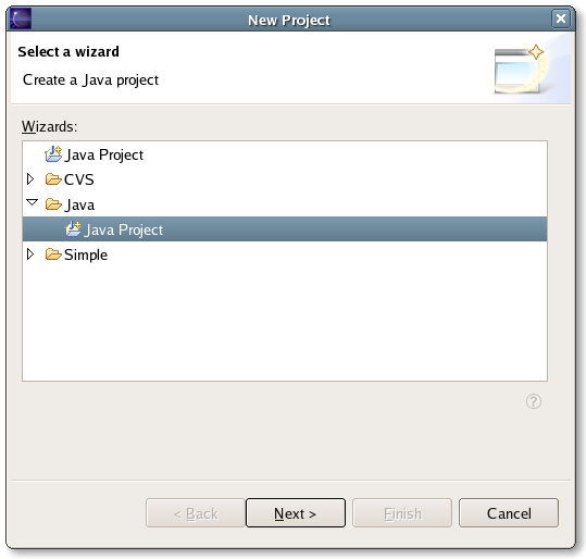 New Project wizard: Select Wizard: Java: Java
Project