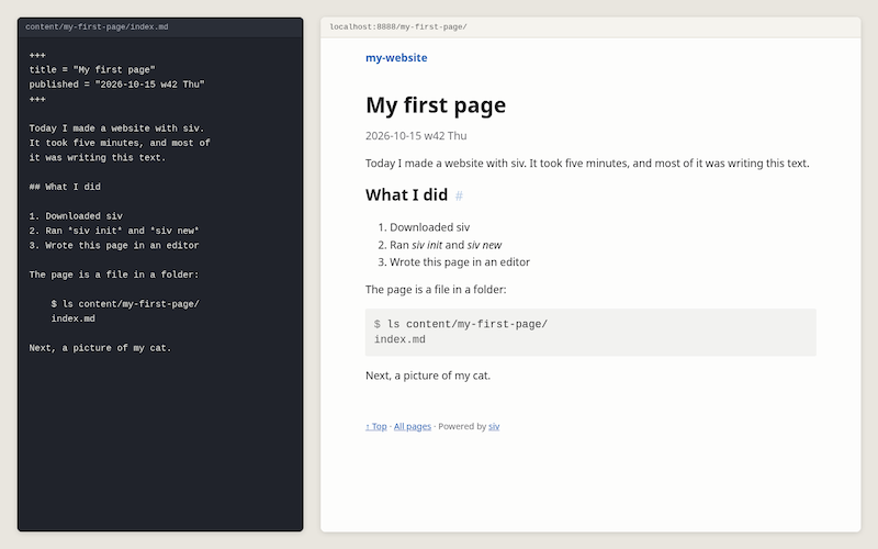 Your Markdown file on the left, the page siv made from it on the right