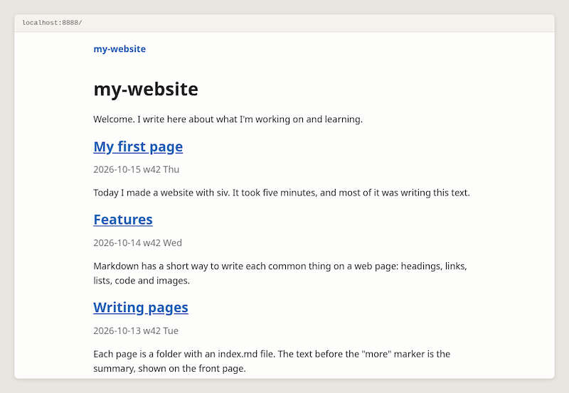The front page lists the new article above the sample pages